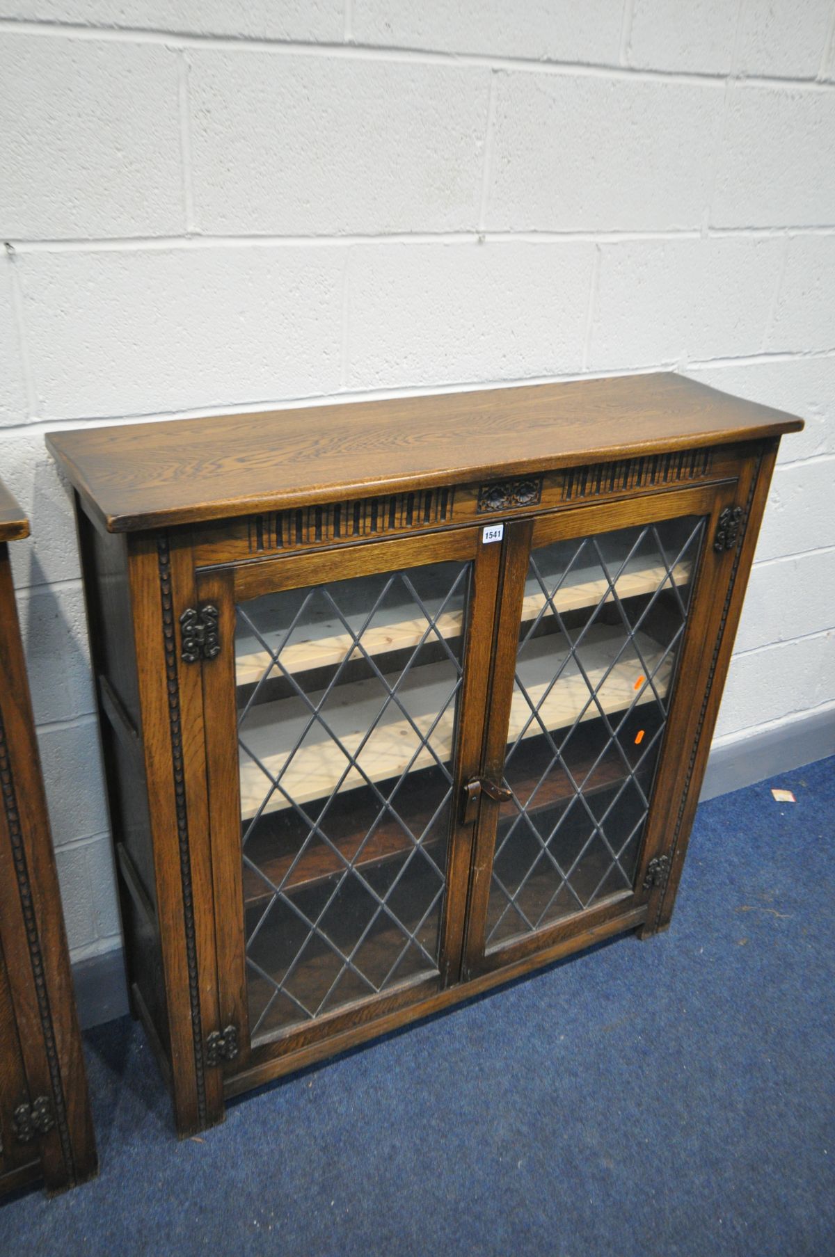 A PAIR OAK TWO DOOR LEAD GLAZED BOOKCASES with three shelves, width 107cm x depth 31cm x height - Image 3 of 3