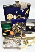 A JEWELLERY BOX OF ASSORTED ITEMS, to include two Wedgwood pendants and a Wedgwood brooch, a