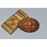 A CARVED COQUILLA NUT BOX AND A STRAW WORK VESTA CASE, comprising carved Coquilla nut thimble or