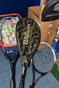 SIX TENNIS/SQUASH RACQUETS AND A BASKET OF GOLF BALLS, comprising Wilson Cobra, Slazenger Xcel 360