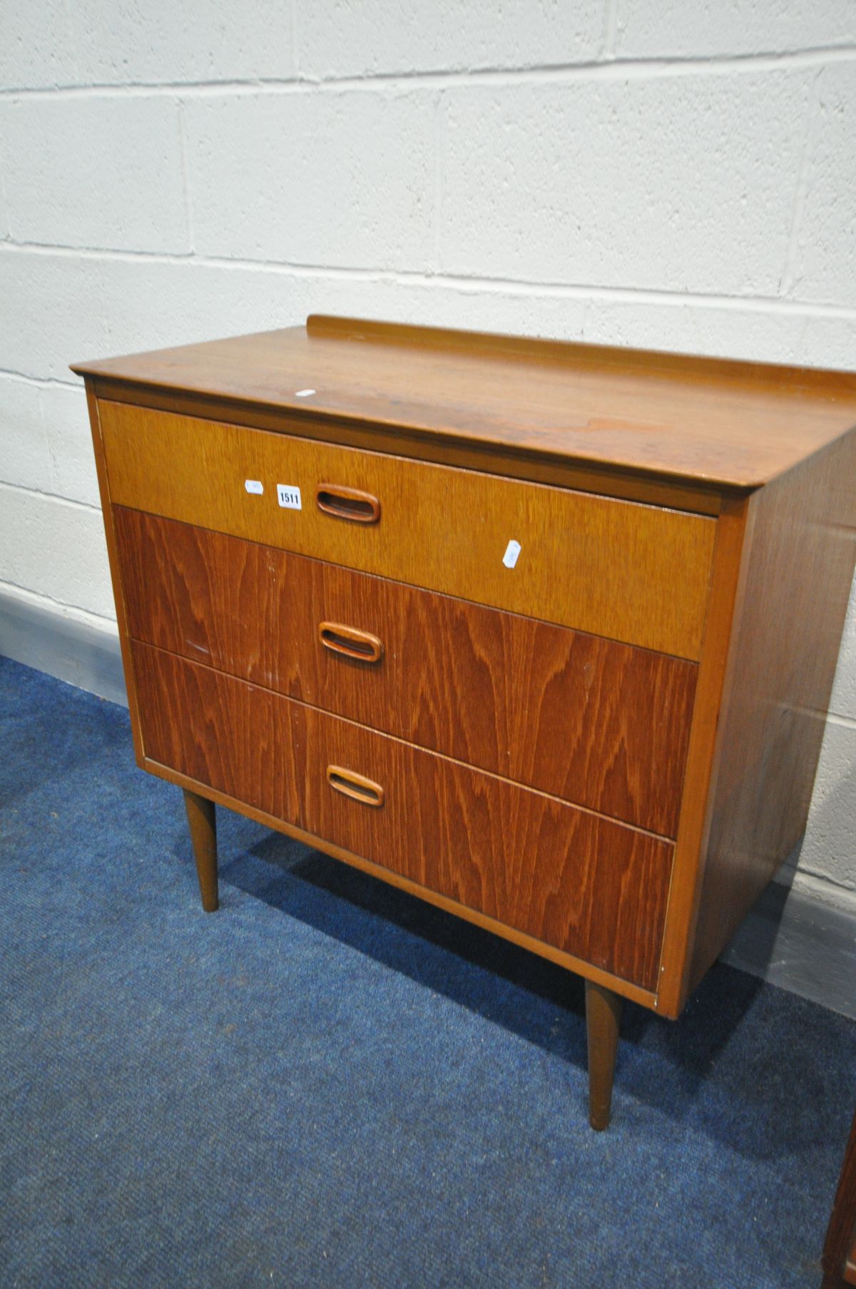 A MID CENTURY TEAK CHEST OF THREE DRAWERS, width 82cm x depth 40cm x height 79cm (condition:- - Image 2 of 4