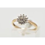A 9CT GOLD DIAMOND CLUSTER RING, eighteen round brilliant diamonds, prong set as a cluster,