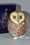 A BOXED ROYAL CROWN DERBY BARN OWL PAPERWEIGHT, height 11cm, first quality with red printed marks,