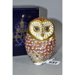 A BOXED ROYAL CROWN DERBY BARN OWL PAPERWEIGHT, height 11cm, first quality with red printed marks,