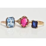 THREE GEMSET DRESS RINGS, to include an emerald cut sapphire ring set in a polished yellow metal,