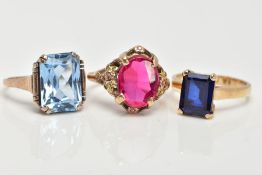 THREE GEMSET DRESS RINGS, to include an emerald cut sapphire ring set in a polished yellow metal,