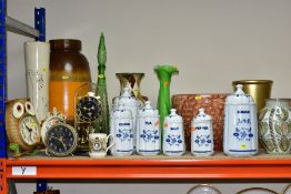 A QUANTITY OF KITCHEN STORAGE JARS, DENBY VASE, POTTERY AND GLASS VASES, JARDINIERES, CLOCKS, ETC,