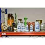 A QUANTITY OF KITCHEN STORAGE JARS, DENBY VASE, POTTERY AND GLASS VASES, JARDINIERES, CLOCKS, ETC,