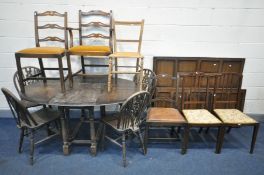 AN OAK GATE LEG TABLE, four wheel back chairs, six other chairs and an oak 4ft6 bedstead (11)