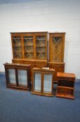 A MAHOGANY GLAZED TWO DOOR DISPLAY CABINET, with three drawers (key) along with a yew wood hanging