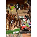 FOUR BOXES AND LOOSE TREEN, CHRISTMAS DECORATIONS, PICTURES AND SUNDRY ITEMS, to include wooden