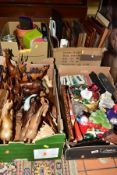 FOUR BOXES AND LOOSE TREEN, CHRISTMAS DECORATIONS, PICTURES AND SUNDRY ITEMS, to include wooden