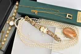 A BAG OF ASSORTED ITEMS, to include a boxed cultured pearl necklace and earring set, a ladys boxed