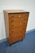 A TALL G PLAN TEAK CHEST OF SIX DRAWERS, on cylindrical legs, width 61cm x depth 41cm x height