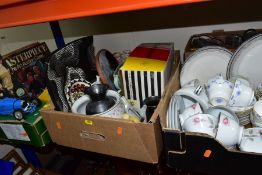 FOUR BOXES OF TEA WARES, GLASSWARE, TOYS, GAMES, MODEL VEHICLES, ETC, including a Noritake '