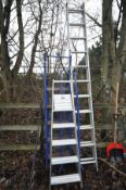 AN ALUMINIUM DOUBLE EXTENDING LADDER, max length 12m, an aluminium step ladder and a blue painted