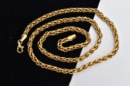 A YELLOW METAL CHAIN, wheat chain fitted with a lobster claw clasp, stamped '750', length 450mm,