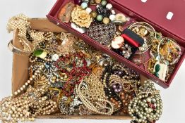 A BOX OF ASSORTED COSTUME JEWELLERY, to include two fine cable chains both stamped 925, an