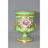 A ROYAL CROWN DERBY TWIN HANDLED VASE, in the shape of an urn, hand painted floral cartouche on a