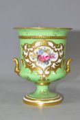 A ROYAL CROWN DERBY TWIN HANDLED VASE, in the shape of an urn, hand painted floral cartouche on a