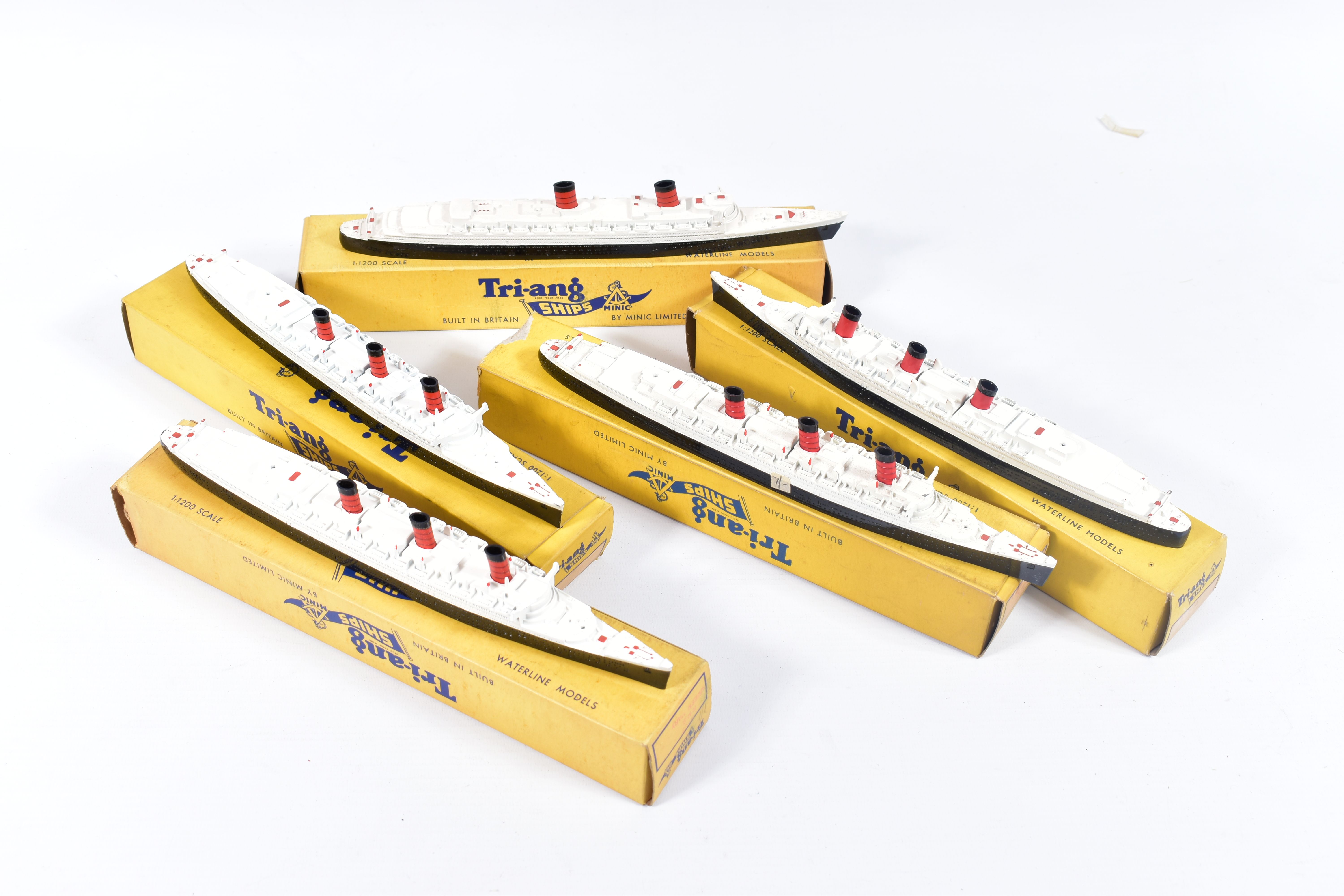 FIVE BOXED TRI-ANG MINIC SHIPS R.M.S. 'Queen Elizabeth', No.M702, complete with both masts in