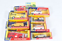 EIGHT BOXED LATE ISSUE DINKY TOYS EMERGENCY SERVICES VEHICLES, E.R.F. Airport Fire Rescue Tender,