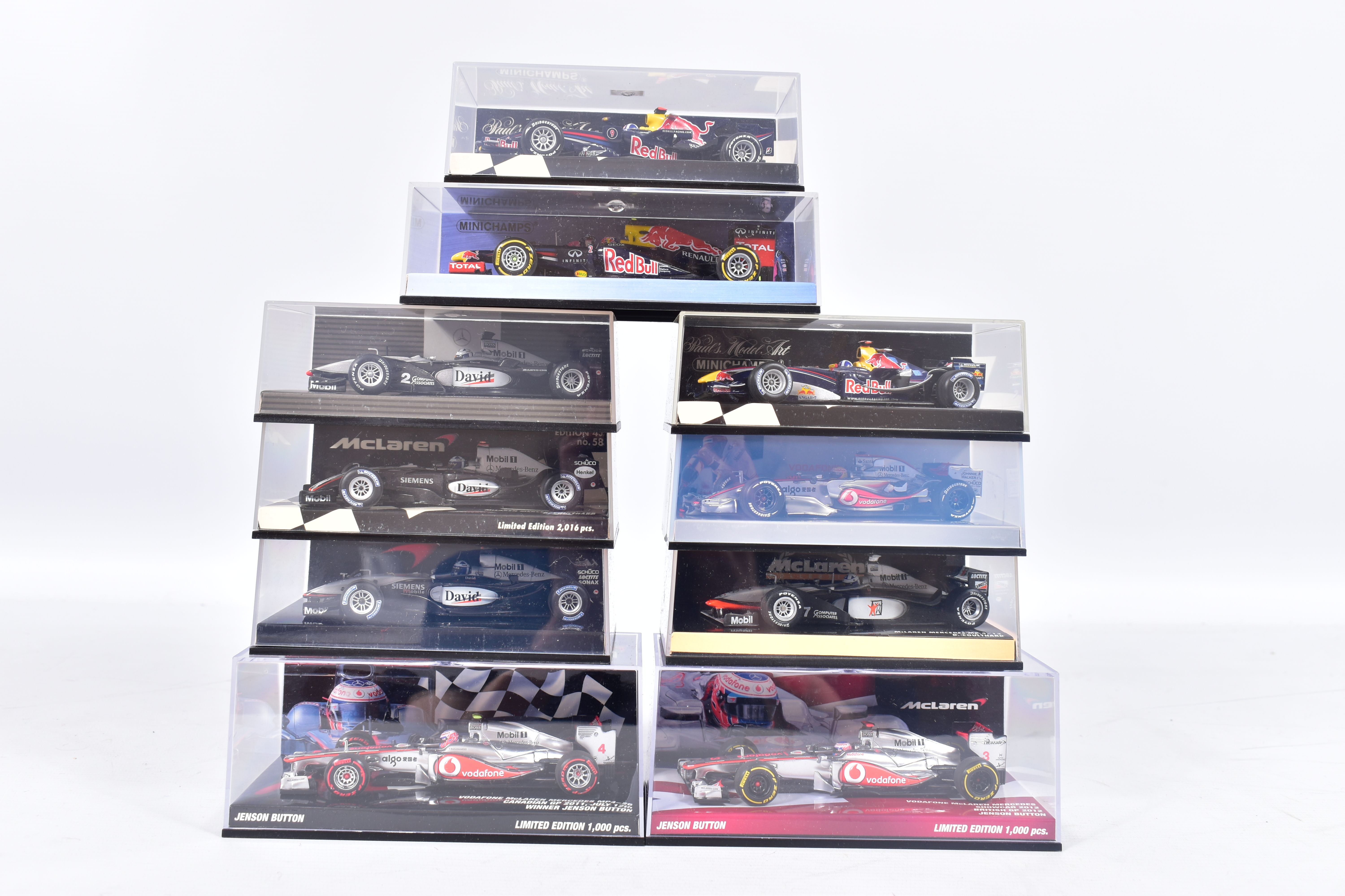 TEN BOXED ASSORTED PAUL'S MODEL ART MINICHAMPS 1:43 SCALE DIECAST F1 RACING CAR MODELS, all are