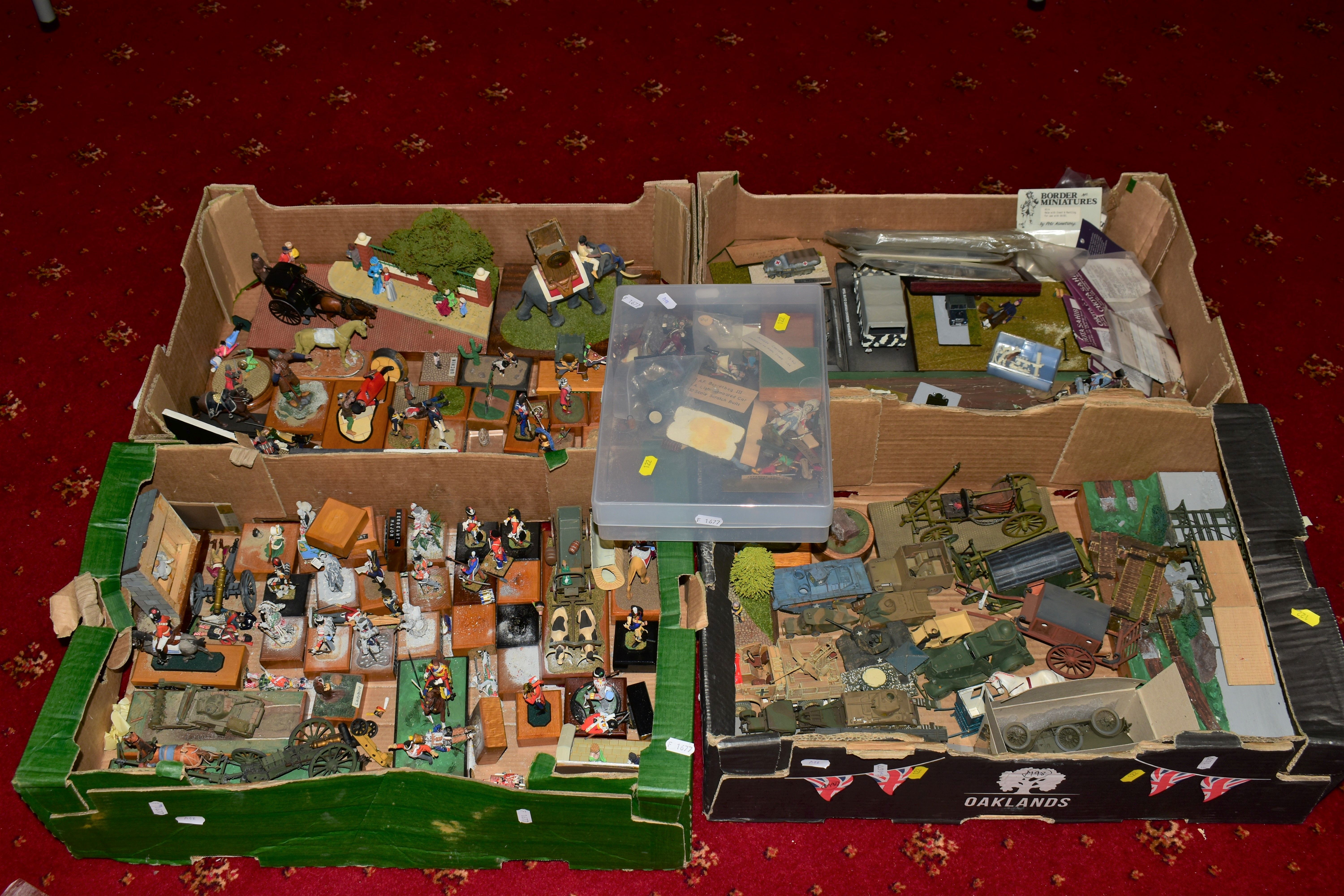 A QUANTITY OF ASSORTED MODEL DIORAMAS, FIGURES AND VEHICLES, majority are of military subjects and