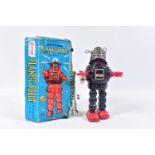 A BOXED KO TOYS (JAPAN) TINPLATE CLOCKWORK ACTION PLANET ROBOT, black body with red plastic hands