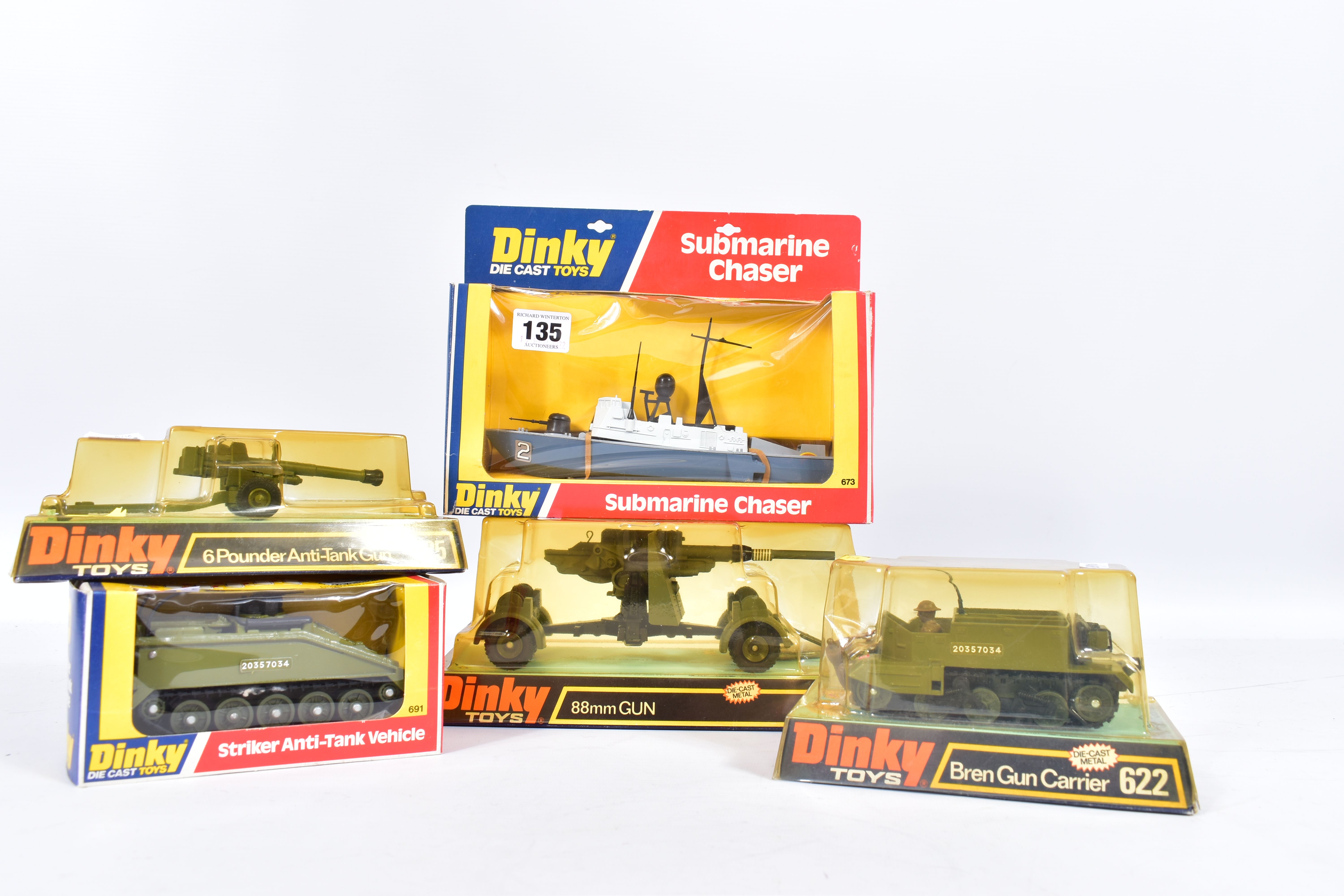 FIVE BOXED DINKY TOYS MILITARY VEHICLES, Brenn Gun Carrier, No.622, 6 Pounder Anti-Tank Gun, No.625,