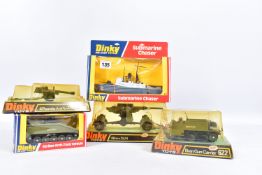 FIVE BOXED DINKY TOYS MILITARY VEHICLES, Brenn Gun Carrier, No.622, 6 Pounder Anti-Tank Gun, No.625,