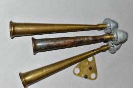 A SET OF THREE TRICO AIR HORNS, three brass horns with mounting bracket, length approx. 40cm, not