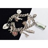 A SILVER CHARM BRACELET AND CHARMS, a curb link bracelet fitted with and engraved heart padlock