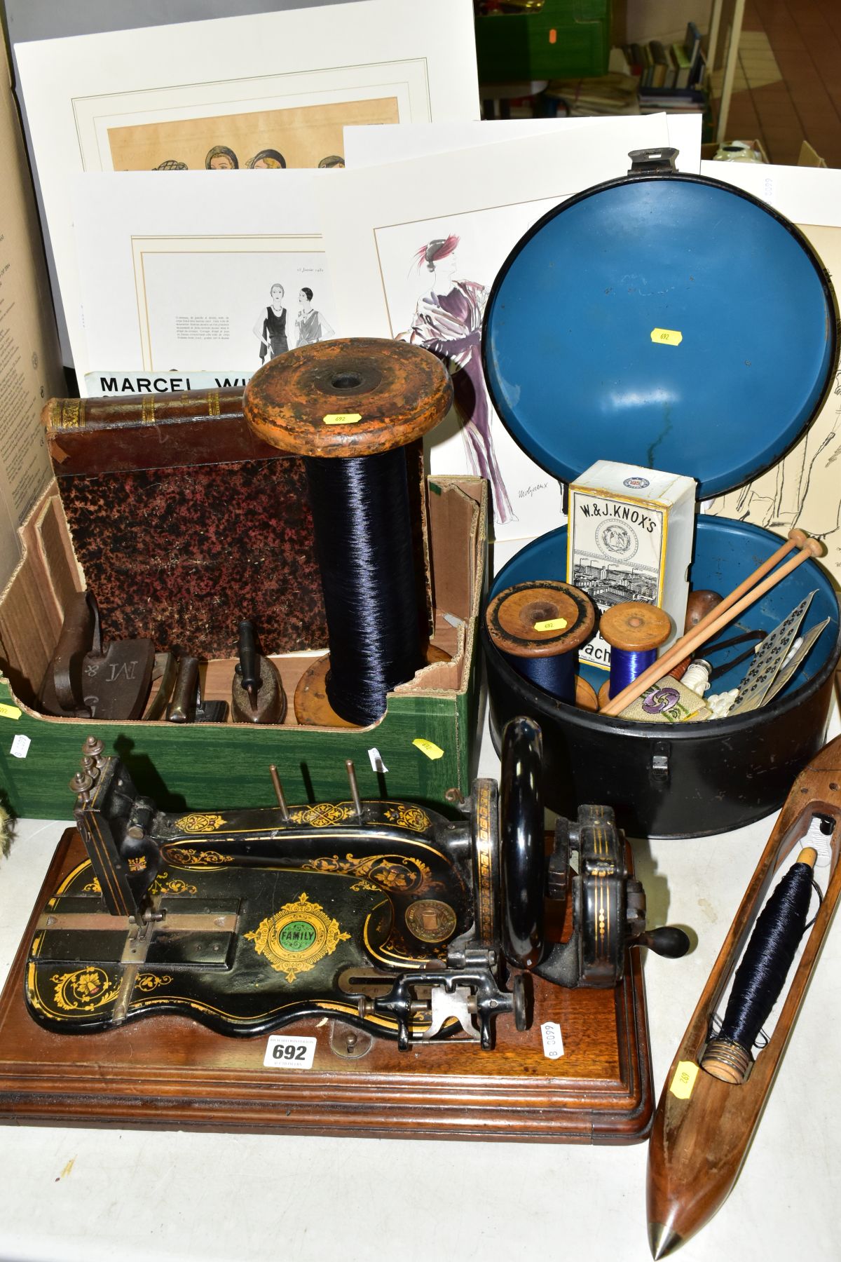 SEWING ACCESSORIES ETC, to include a Varley & Wolfenden Family sewing machine, box of seven reels of