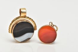 TWO GEM SET PENDANTS, a yellow metal swivel fob set with bloodstone one side and banded agate on the