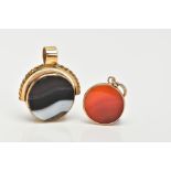 TWO GEM SET PENDANTS, a yellow metal swivel fob set with bloodstone one side and banded agate on the