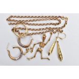 AN ASSORTMENT OF 9CT GOLD AND YELLOW METAL JEWELLERY, a 9ct gold AF belcher chain, approximate