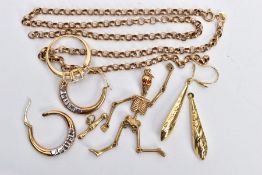 AN ASSORTMENT OF 9CT GOLD AND YELLOW METAL JEWELLERY, a 9ct gold AF belcher chain, approximate