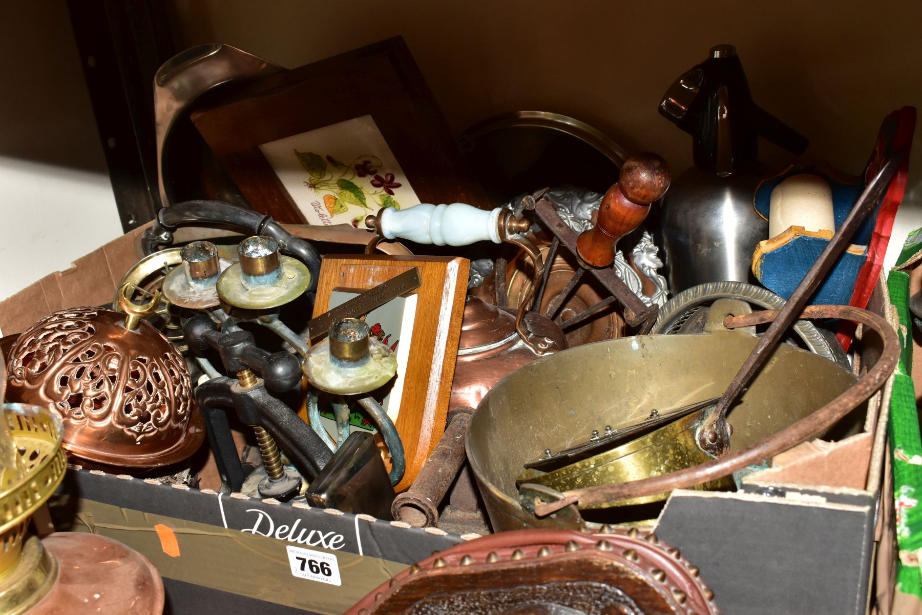 TWO BOXES AND LOOSE METALWARES AND SUNDRY ITEMS, to include a vintage Plus Adder adding machine, J - Image 6 of 9