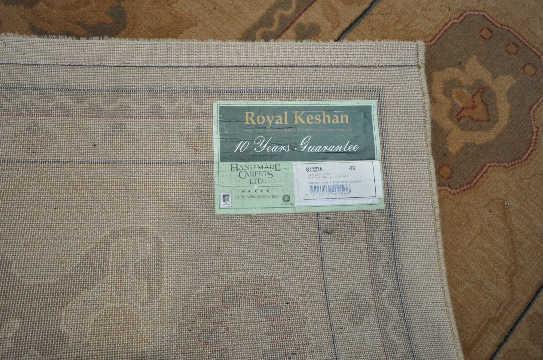 A LARGE GOLD UPHOLSTERED CARPET SQUARE, 366cm x 274cm (condition:-stain to centre of rug) - Image 4 of 5