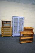 A PURPLE PAINTED PINE CANTED TWO DOOR DISPLAY CABINET, width 115cm x depth 31cm x height 181cm,