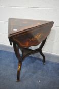 AN EDWARDIAN ROSEWOOD AND MARQUETRY INLAID TRIANGULAR OCCASIONAL TABLE, with drop leaves, over