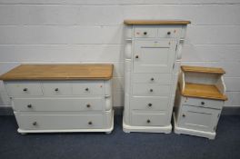 A LAURA ASHLEY PARTIALLY CREAM PAINTED AND GOLDEN OAK BEDROOM SUITE, comprising a tall chest of