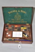 A LATE VICTORIAN RECTANGULAR MAHOGANY CASED REEVES & SONS ARTIST'S PAINT BOX AND CONTENTS, the