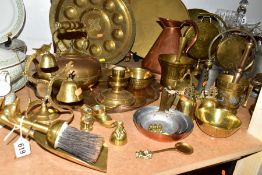 A GROUP OF BRASS, COPPER AND OTHER METAL WARES, to include a brass tray on a folding wooden stand, a