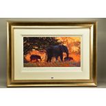 ROLF HARRIS (AUSTRALIAN 1930) 'BACKLIT GOLD' a limited edition print 118/195 depicting Elephants,