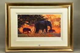 ROLF HARRIS (AUSTRALIAN 1930) 'BACKLIT GOLD' a limited edition print 118/195 depicting Elephants,