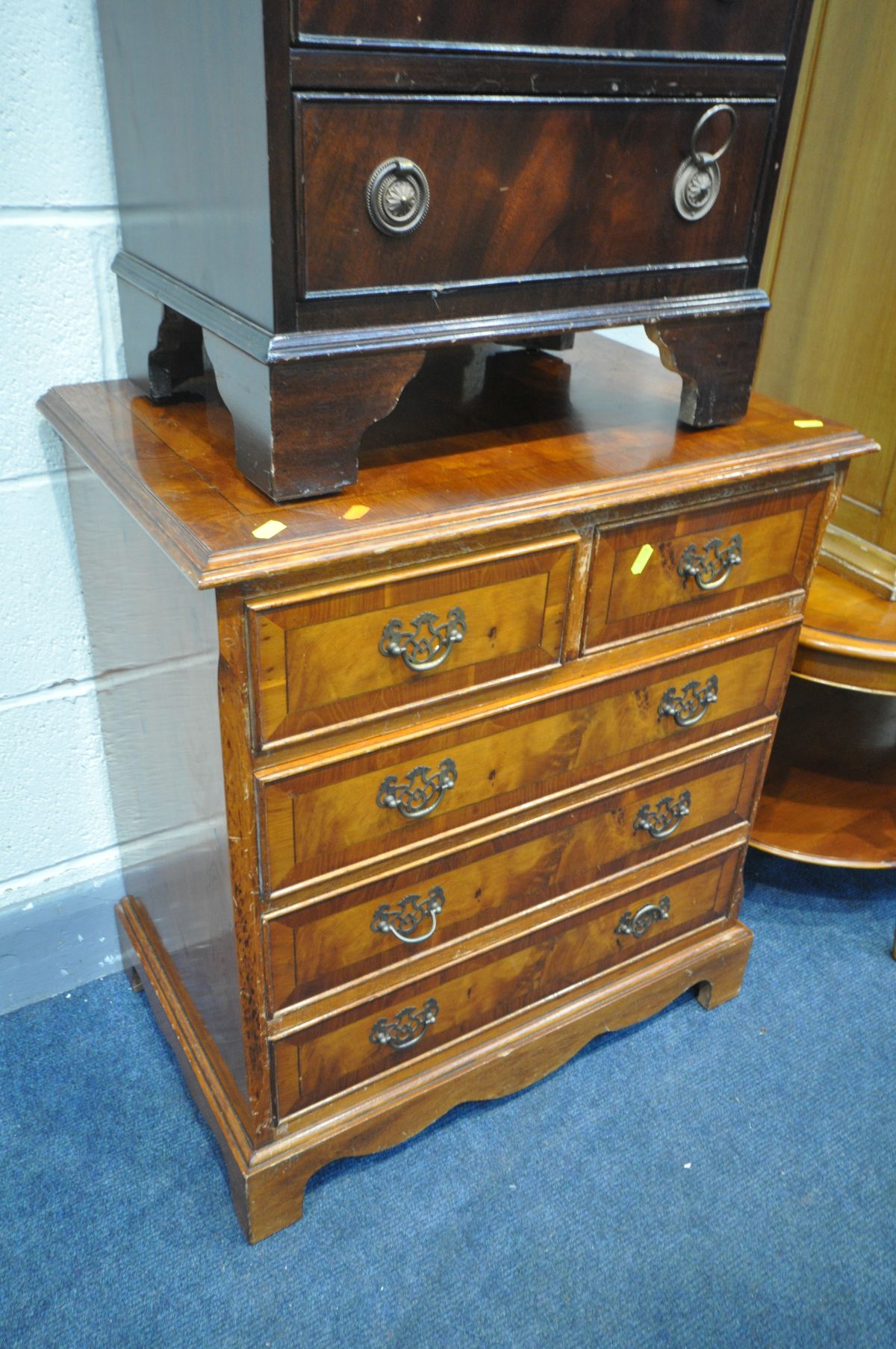 A YEW WOOD CHEST OF FIVE DRAWERS, width 63cm x depth 43cm x height 70cm, a similar oval coffee - Image 2 of 8