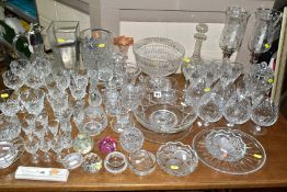 A QUANTITY OF CUT GLASS ETC, to include a claret jug with silver plated mount, four Hock glasses,