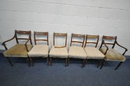 A SET OF SIX REGENCY MAHOGANY AND INLAID BAR BACK CHAIRS, including two carvers, with overstuffed